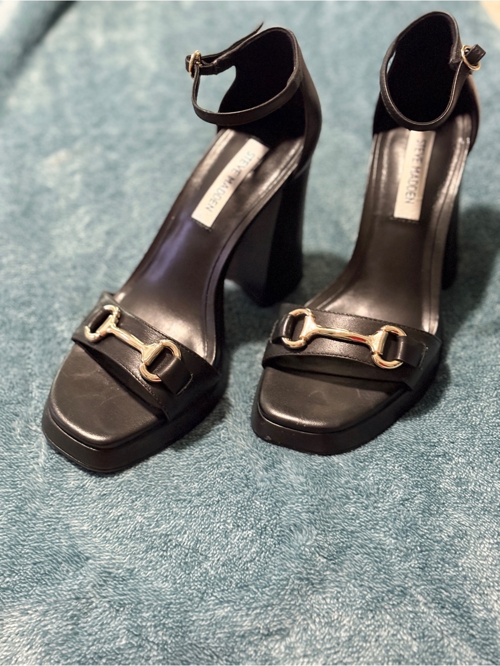Steve Madden Black Leather Block Heel Sandals with Gold Hardware